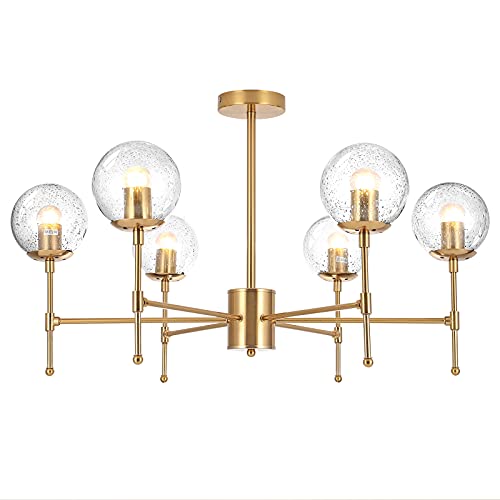 Gold Chandelier, Modern Gold Pendant Light Fixtures for Dining Rooms 6-Light Modern Chandelier Light Fixture with Globe Seeded Glass Shades