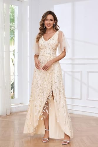 V Neck Sequin Mother of The Bride Dresses for Women Long Tulle Mermaid Formal Evening Dress with Sleeves4