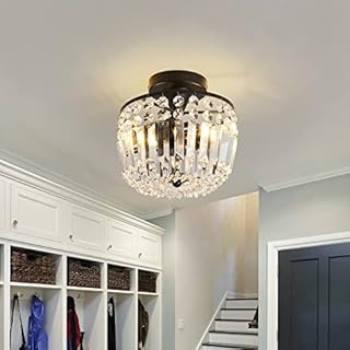 EOPSPYI Modern Crystal Ceiling Light 2-Lights Black Metal Chandelier E27 Flush Mount Ceiling Light Fixture for Bedroom Hallway Living Room Kitchen Bathroom Laundry