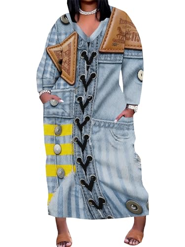 Image of SUZONANA Plus Size Denim Print Maxi Dresses for Women Casual V Neck Short Sleeve with Pockets Soft Jean Look Dress XL-6XL