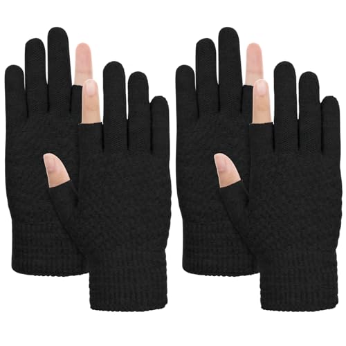 Kiiwah 2 Paare Fingerlose Handschuhe Damen, Halbfinger Warme Zwei-Finger-Handschuhe Winter touchscreen ohne Finger mit Weichem Innenfutter für Herren Damen