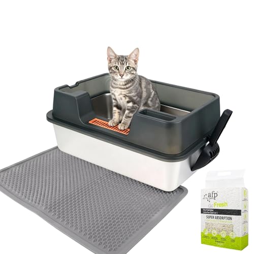 Arenero para gatos grande de acero inoxidable Pawise con tapa