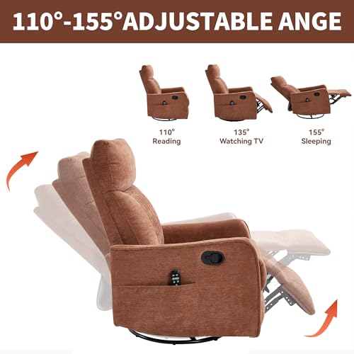 Image of Manual Swivel Rocker Recliner Chair for Adults, Overstuffed Reclining Glider Chair for Nursing with Vibration Massage & Heat, Living Room Rocking Recliner 2-Stage backrest, Chenille Fabric Orange
