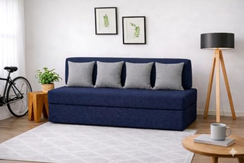 Image of Coirfit (4-in-1 Four Seater Sofa Cum Bed (1 Year Warranty) with 4 Free Cushions | Folding Sofa, Bed, Lounger, Diwan | Removable Washable Cover | Compact & Lightweight -Dark Blue 6x6 Feet