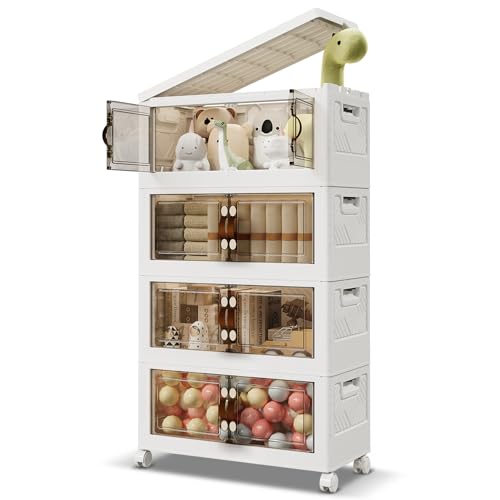 Warmiehomy Storage Box with Lid 69L*4 Tier Plastic Stackable Storage Drawers with Wheels, Foldable Collapsible Lidded Bins Containers, Compact Stacking Crates for Office Home Bedroom Organisation