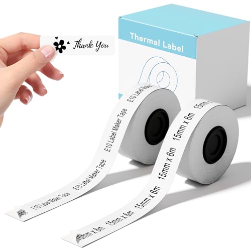 2 Packungen kompatibel mit SUPVAN E10 & E11 Label Maker Tape weiß 15mmx6m (0.59in x 19.68ft) kontinuierlich laminiertes Thermal Label Tape Refill selbstklebendes Mehrzweck-Etikettierungsband