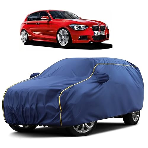 Image of Sulfar 100% Water Resistant Car Body Cover Compatible with Mirror for BMW 118 (Triple Stitched, Full Bottom Elastic, Blue Taffeta with Yellow Piping)