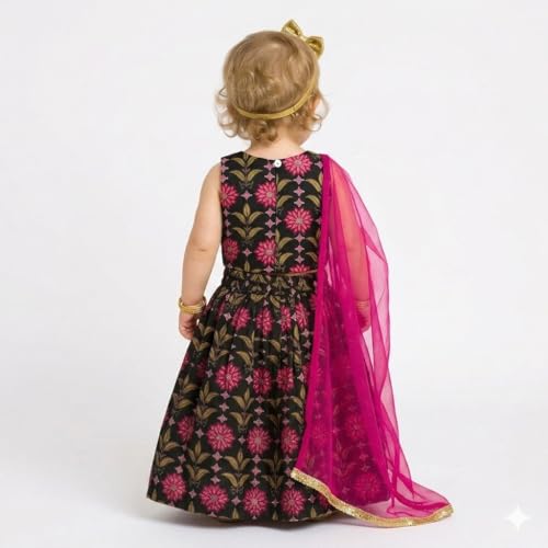 Image of A.T.U.N. (ALL THINGS UBER NICE) Baby Girls Cotton Ethnic Floral Lehenga Choli Set with Lace & Dupatta | Traditional 3-Piece Festive Outfit for Kids