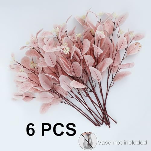 Image of TIED RIBBONS Pack of 6 Artificial Eucalyptus Flowers Bunches (Pink, 19.6 Inch) - for Vase Pot Home Decoration Home Decor Living Room Side Table Centerpiece (Vase not Included)