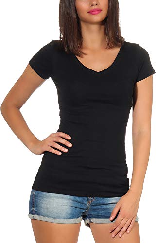 Jela London Damen Longshirt T-Shirt lang Stretch V-Ausschnitt Kurzarm einfarbig sexy eng-anliegend, Schwarz 38-40 (XL)