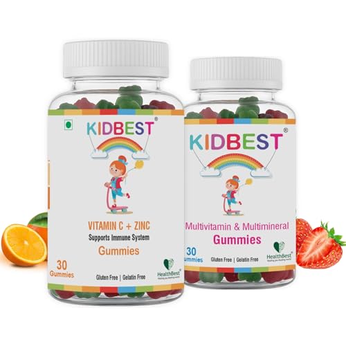 Image of HealthBest Kids Multivitamin & Multimineral Kids Vitamin C + Zinc Gummies for 3-13 Years | Each Pack of 30 Gummies | Combo Set