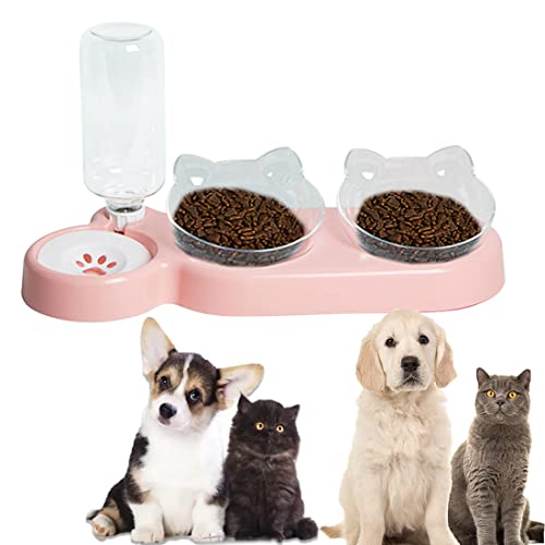 Triple Cat Bowls For Food And Water, Plastic Raised Cat Dishes, Automatic Water Bottle 3 In 1 Pet Bowls 2 Food Bowls And Water Feeder Set Wet Dry Food Bowl Set For Cats Puppy Small Dogs (Cherry Pink) #TOP2