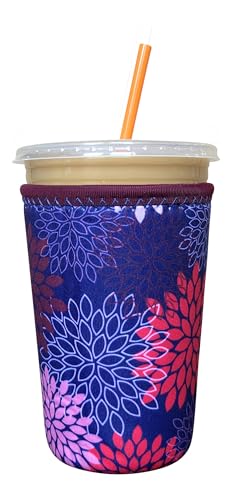Image of Iced Coffee Sleeve, Insulated Neoprene Cup Sleeve, Fits a 24 Oz. Coffee Cup, Washable and Reusable, Iced Coffee Accessories, Medium Midnight Mums