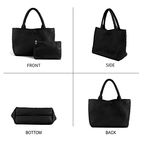 Image of Woven Tote Bag for Women Retro Handwoven Shoulder Travel Handbag Large Capacity Hobo Vegan Leather Bags with Purse