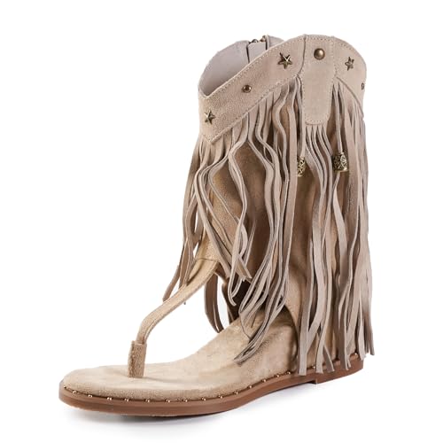 Image of Women's Bohemian Tassel Gladiator Sandals Brown Suede Thong Flip Flops for Fringe Summer Wedge Heel Sandal with Rivets Western Shoes