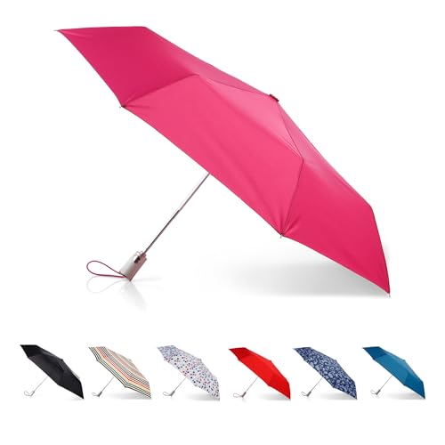 totes Automatic Eco Open Close Water-Resistant Travel Folding Umbrella with Sun Protection Very Berry