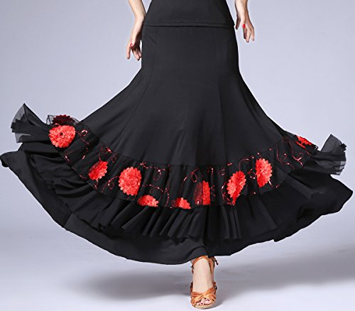 Whitewed Long Floral Ballroom Waltz Foxtrot Latin Flamenco Party Square Dancing Skirts Black/Red,One Size #TOP2