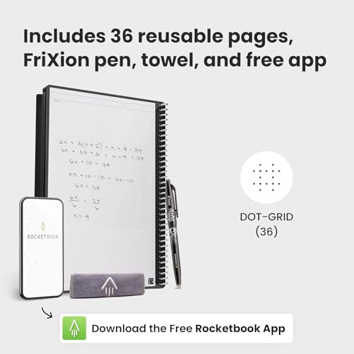 Image of Rocketbook Core Reusable Spiral Notebook, Executive Size 6x8.8, Black - Dotted Pages, App-Connected, Erasable, Durable Cover, Ideal for School, Work, and Creative Projects (Pack of 50)