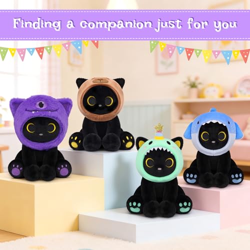 Image of Black Cat Plush Toy, 8inch Cute Stuffed Cat with Purple One-Eyed Monster Removable Hood, Soft Toy Monster Kitten Plushie Kawaii Christmas Brithday Gifts for Girls Boys