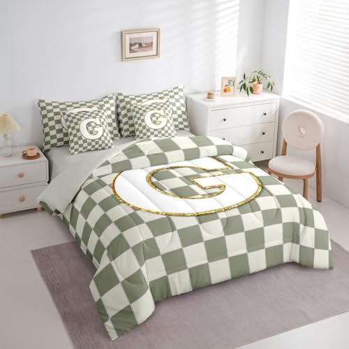 Image of Erosebridal Sage Green Checkered King Comforter Set with Sheets 7 Piece Plaid Initial G Bed in A Bag Personalized Monogram Bedding Sets for Kids Adults,Fashion Grids Gingham Bed Set