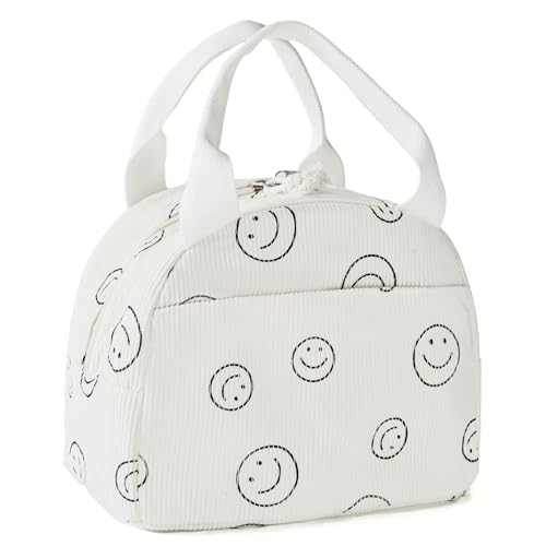 Hualinsyi Lunch Box for Women，cute lunch bag,floral lunch box,large Reusable Insulated Large Capacity Cooler Bag for Adult，blue Aesthetic flower Corduroy Lunch Tote for Work Office (White Smile)