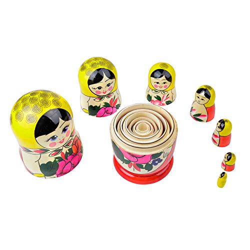 Heka Naturals Semyonov Yellow Nesting Dolls | All Natural Wooden Matryoshka Doll Set Of 7 (7 Inch) - Traditional Babushka Home Decor, Wooden Stacking Dolls, Vintage Handmade Shape #TOP1