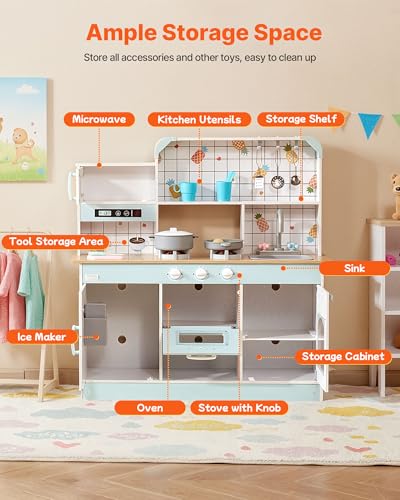 Image of VEVOR Wooden Play Kitchen Toy, Play Kitchen for Kids with Lights and Sounds, Toddler Kitchen with Ice Maker, Oven, Sink, Microwaves, Fridge and Utensil and Fruit Accessory for Toddlers, White