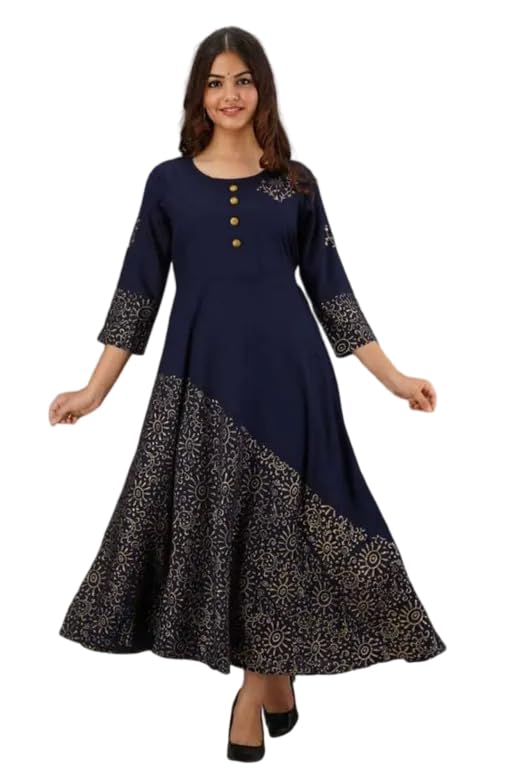 Raj Fashion Women's 3/4th Sleeves Round Neck Rayon Solid Calf Length Anarkali Ethnic Long Gown Dark Blue-picture-22