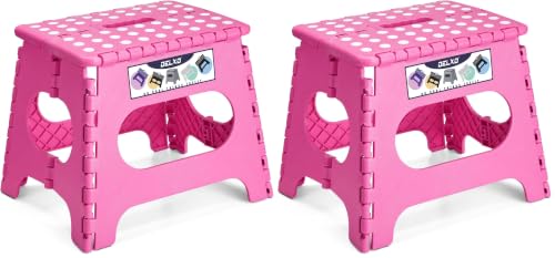 Image of Delxo Folding Step Stool,11 Inch Non-Slip Foldable Step Stools for Kids and Adult,Portable Lightweight Small Folding Stool with Handle for Kitchen Bathroom in Pink,2 Pack