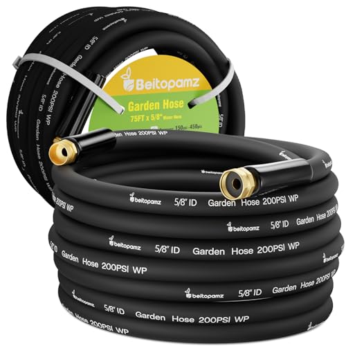 Image of Beitopamz Garden Hose 75 ft x 5 /8 in Heavy Duty Water Hose, Flexible and Durable, Lightweight Rubber Hybrid Hose, Leak-Free Connections, Male to Female 3 /4'' Brass Fittings for Patio, Lawn, Black