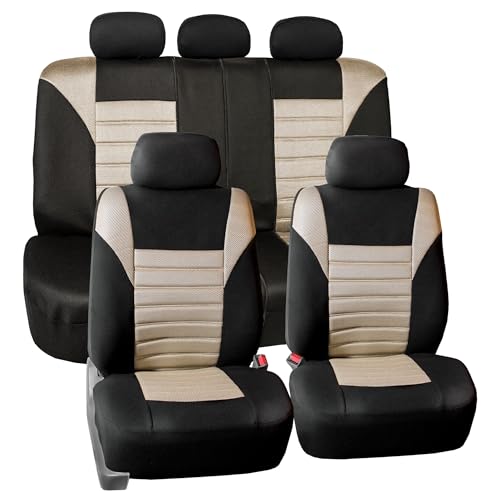 FH Group Automotive Car Seat Covers Full Set Premium 3D Air Mesh Front Seat Covers, Airbag Compatible & Split Bench Cover Universal Fit Interior Accessories for Cars Trucks and SUVs - Beige