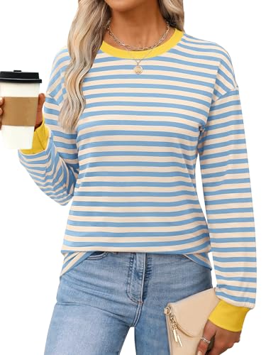 ANRABESS Long Sleeve Shirts for Women Striped Crewneck Loose Fit Tunic Tops 2025 Fall Color Block T-Shirt