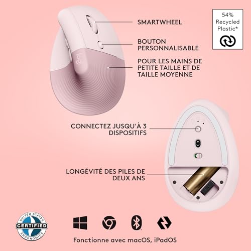 Logitech Lift Souris Ergonomique Verticale, sans Fil, Bluetooth ou récepteur USB Logi Bolt, Silencieuse, 4 Boutons, Compatible avec Windows/macOS/iPadOS, Ordinateur Portable, PC - Rose
