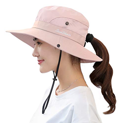 Muryobao Women Ponytail Summer Sun Hat Wide Brim Uv Hats Floppy Bucket Cap For Safari Beach Fishing Gardening Pure Pink #TOP5