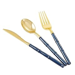180PCS Gold Plastic Cutlery with Blue Glitter Bamboo Handle