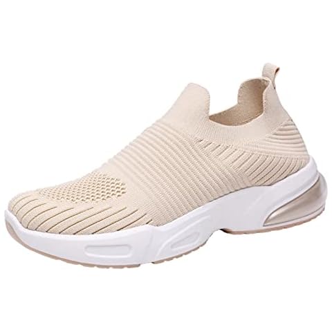 Non Slip Solid Soft Sole Outdoor Women's Fashion Trainers Slip on Comfortable Walking Shoes Lightweight Breathable Athletic Gym Running Shoes (Khaki, 6) Cover
