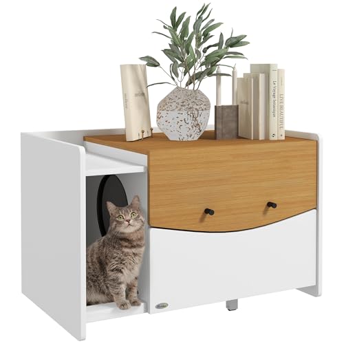 PawHut Katzenklo-Schrank, Katzenschrank, 2 in 1 Versteckter Katzentoilette mit ausziehbarem Schrank, Streuauffangmatte, Katzenhaus für Katzen unter 5 kg, 78 x 50 x 51 cm, Eiche