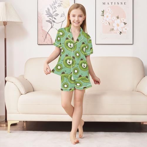 ALAZA Bear Kiwi Slice Pajamas Satin Pajama Set Short Sleeve Button Down Sleepwear3