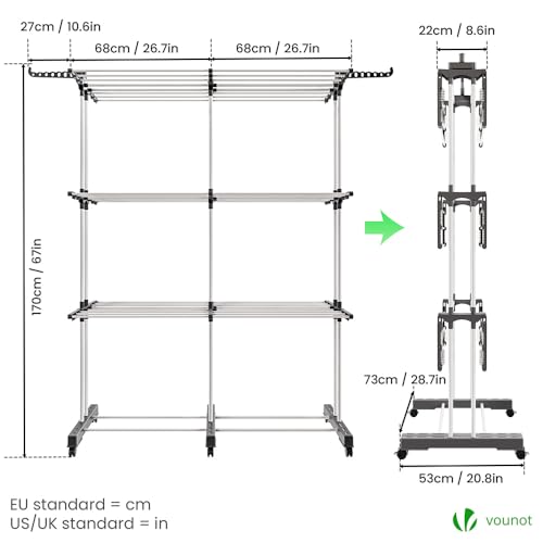 VOUNOT® Wäscheständer Turm Ausziehbar, Platzsparender Turmwäscheständer für Innen & Außen, mit Faltbaren Flügeln, Teleskopstange und 6 Rollen, 40m Trockenlänge, 3 Ebenen, Weiß
