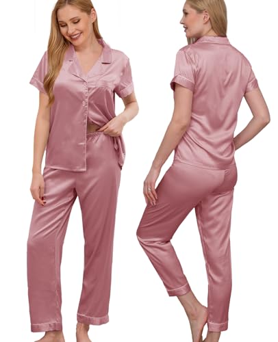 Image of WJing Yi Jia Womens Pajamas Set XS-4XL Floral Silk Satin Pajama Sets Silky Pj Sets 2Pcs Loungewear Sleepwear Button Down Pjs