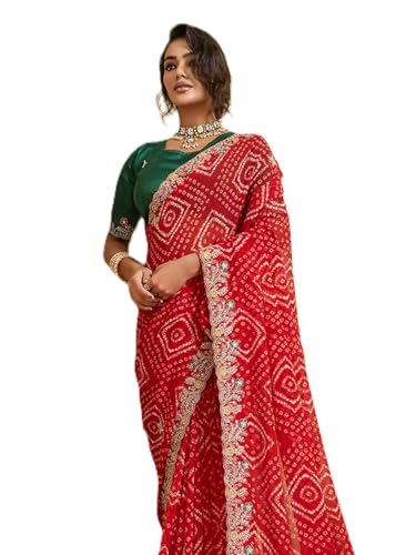 Sari de travail brodé en georgette Ekasya rouge pour mariages et fêtes