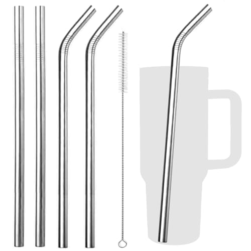 VEHHE Reusable Straws, 4 Packs 12.5-Inchs Long Metal Straw with Cleaning Brush, Stainless Steel Straws for Stanley Cup Apply to 40 OZ and 30 OZ (Silver)