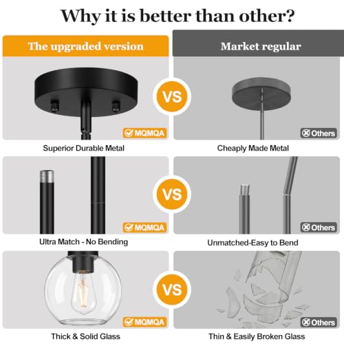 Image of MQMQA 2 Pack Globe Pendant Lights, Mid Century Matte Black Pendant Light Fixtures, Globe Pendant Lights Kitchen Island with Clear Glass Shade Hanging Fixture for Dining Room (Bulbs not Included)