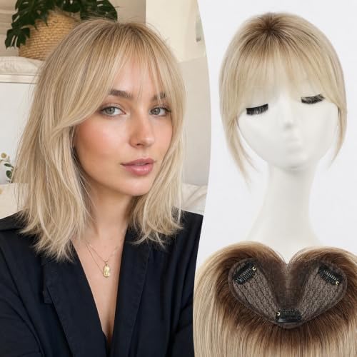Human Hair Toppers for Women 8 Inch Real Human Hair Topper with Bangs,5"x3" Upgrade SilkHug Swiss Base Gray Root Coverage &amp; Thinning Hair（Ombre Grey Light Blonde）