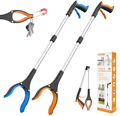 32in/83cm Grabber Reacher Tool 2-Pack, Foldable Reacher Grabber with 360° Rotating Jaw & Magnet, Heavy Duty Pick Up Stick for Seniors
