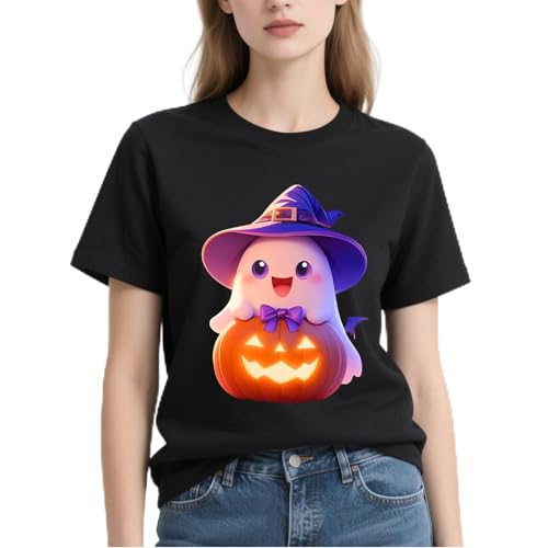 IRUD Halloween Shirts for Women - Pumpkin Ghost Wizard Hat Pattern Round Neck Short Sleeve - image 1