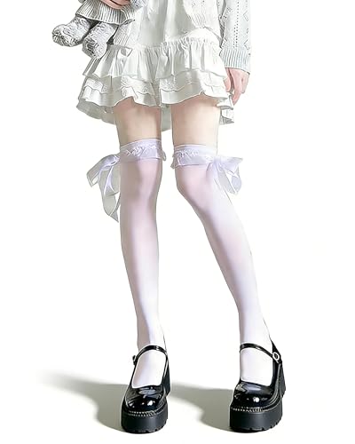 [Lolita House] ニーハイソックス レディーズ レース オーバーニーソックス 着圧 cosplayや制服用 黒いロングソックス 長さ60cm丈 ホワイト