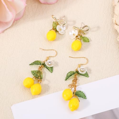 2 Pairs Lemon Dangle Earrings, Cute Summer Lemon Earrings Accessories for Women Dainty Yellow Fruit Lemons Bow Drop Earring for Birthday Party Role Play Gifts3