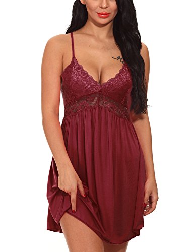 Ababoon Womens Sleepwear Lace Lingerie Chemises V Neck Full Slip Babydoll Nightgowns Sexy Sleep Dress Red