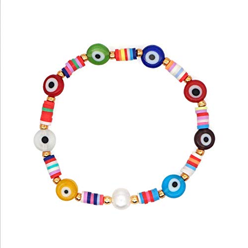 Pingyongchang 2Pcs/Set Rainbow Clay Beads Evil Eye Bracelets Set Stackable Beaded Handwoven Colorful Bracelet Surfer Summer Boho Layering Friendship Jewelry for Women Men Beach3